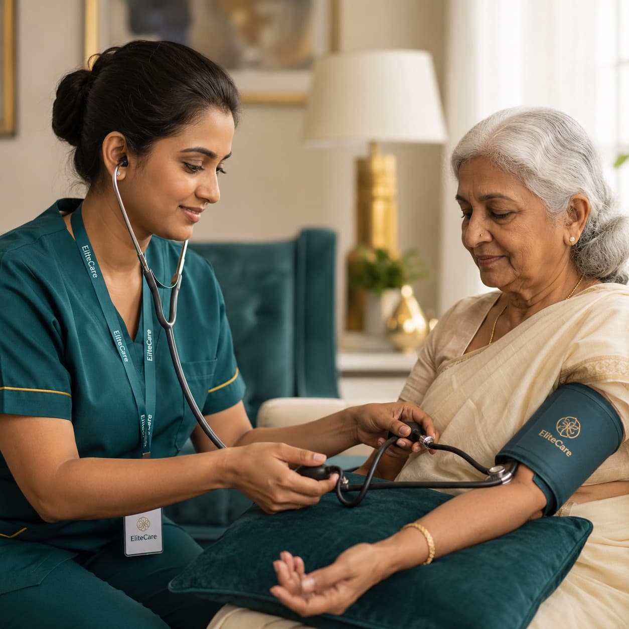 A nurse checking an elderly woman's blood pressure in her living room