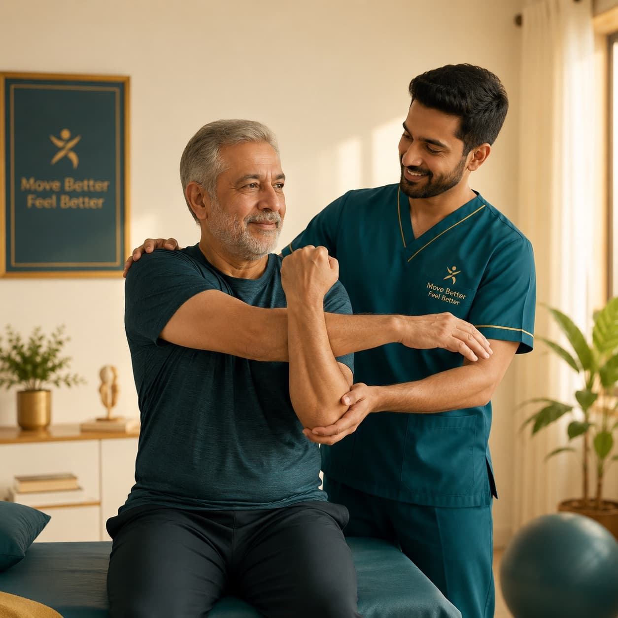 A physiotherapist guiding an older man through a shoulder exercise at home